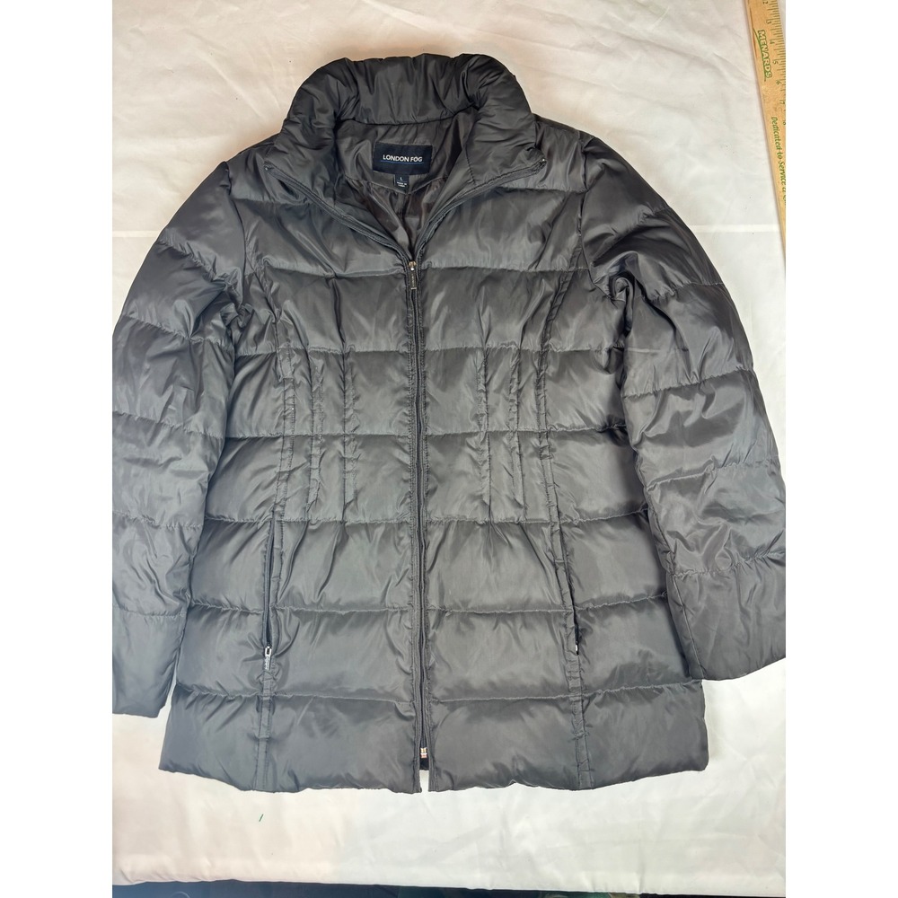 London Fog Womens Puffer Jacket Large Dark Gray Quilted Zip Up Coat Ribbed Cuffs
